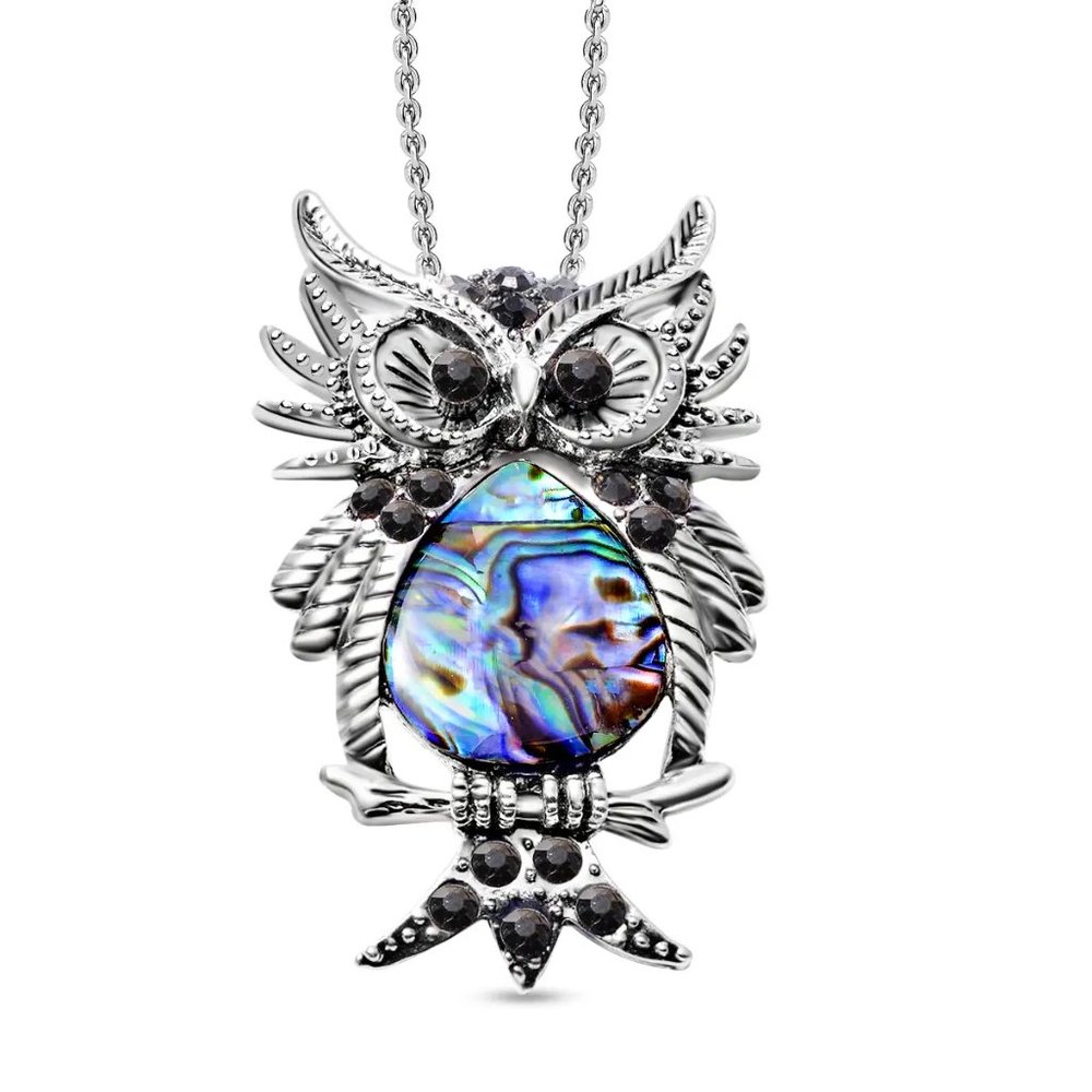 58. Abalone Shell, Black and Grey Austrian Crystal Owl Pendant Necklace 20-22 In